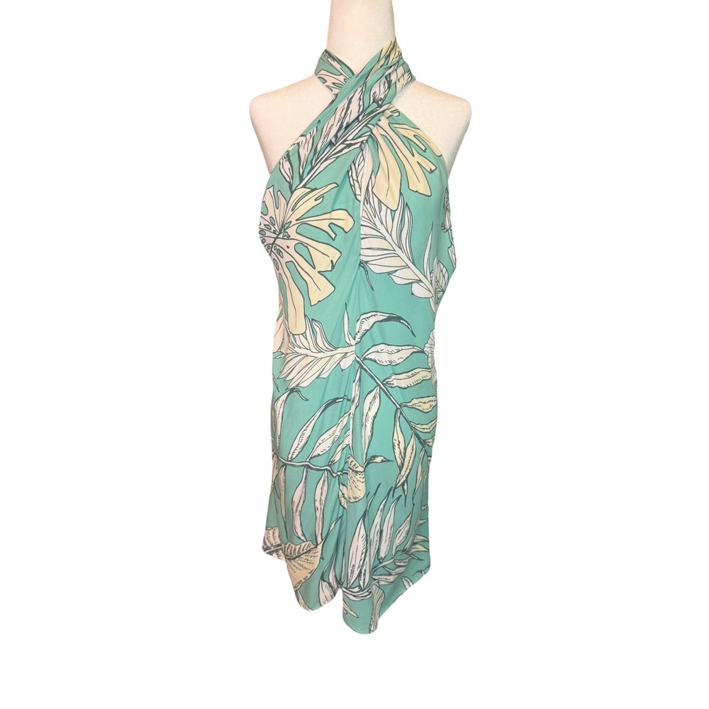 Cupshe Tropical Palm Print Halter Neck Beach Cover Up Dress Teal Green XL NEW